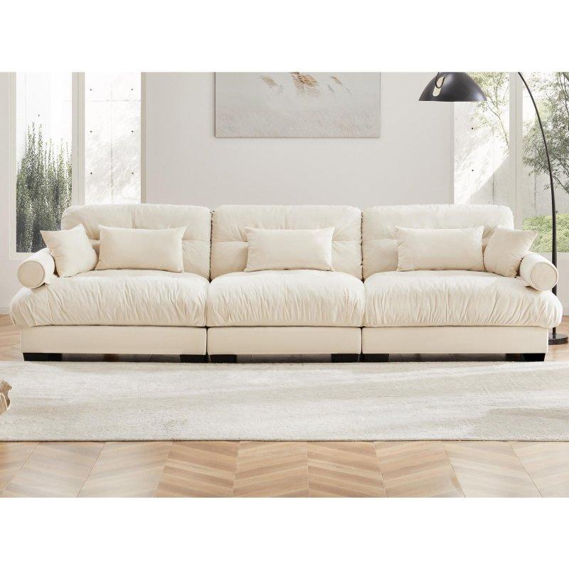 Krem Kadife Yuvarlak Kollu 3 Kişilik Kapitoneli Bohem Koltuk - 331x94 cm - 293204