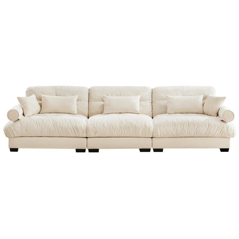 Krem Kadife Yuvarlak Kollu 3 Kişilik Kapitoneli Bohem Koltuk - 331x94 cm - 293204