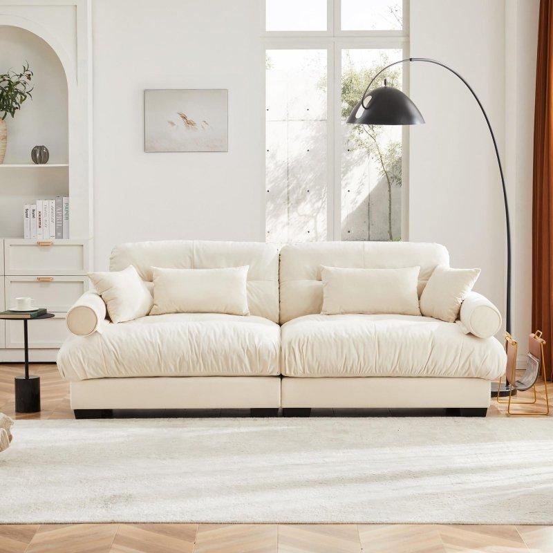 Krem Kadife Yuvarlak Kollu Kapitoneli Sırtlı 2 Kişilik Bohem Koltuk - 238x94x89 cm - 290652