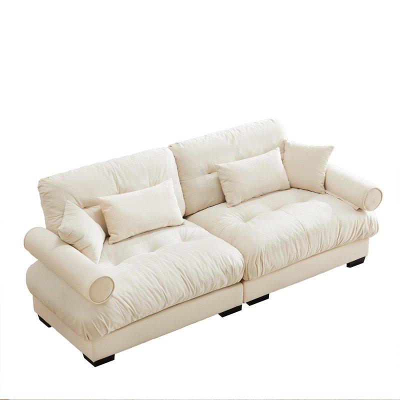 Krem Kadife Yuvarlak Kollu Kapitoneli Sırtlı 2 Kişilik Bohem Koltuk - 238x94x89 cm - 290652