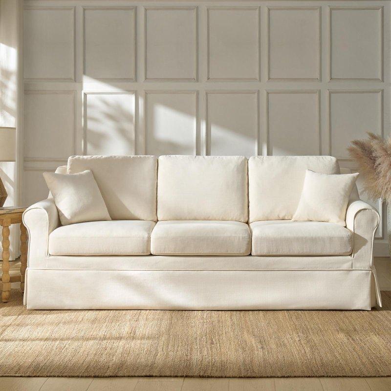 Krem Keten Kumaş Çıkarılabilir Kılıflı Masif Ahşap Ayaklı Bohem Koltuk - 224 cm - 280800