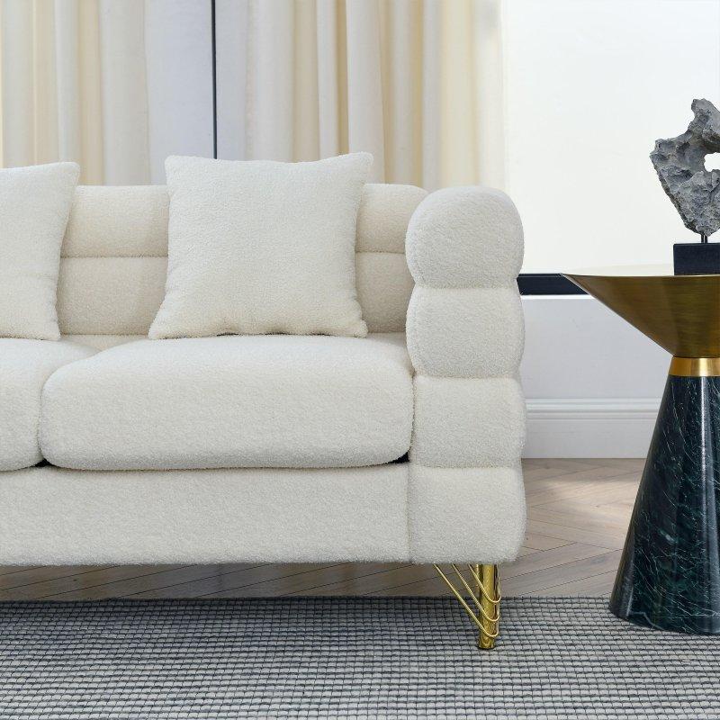 Krem Kumaş Kapitoneli 3 Yastıklı Gold Metal Ayaklı 3 Kişilik Bohem Koltuk - 206 cm - 280664
