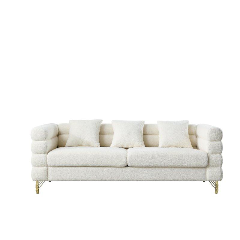 Krem Kumaş Kapitoneli 3 Yastıklı Gold Metal Ayaklı 3 Kişilik Bohem Koltuk - 206 cm - 280664