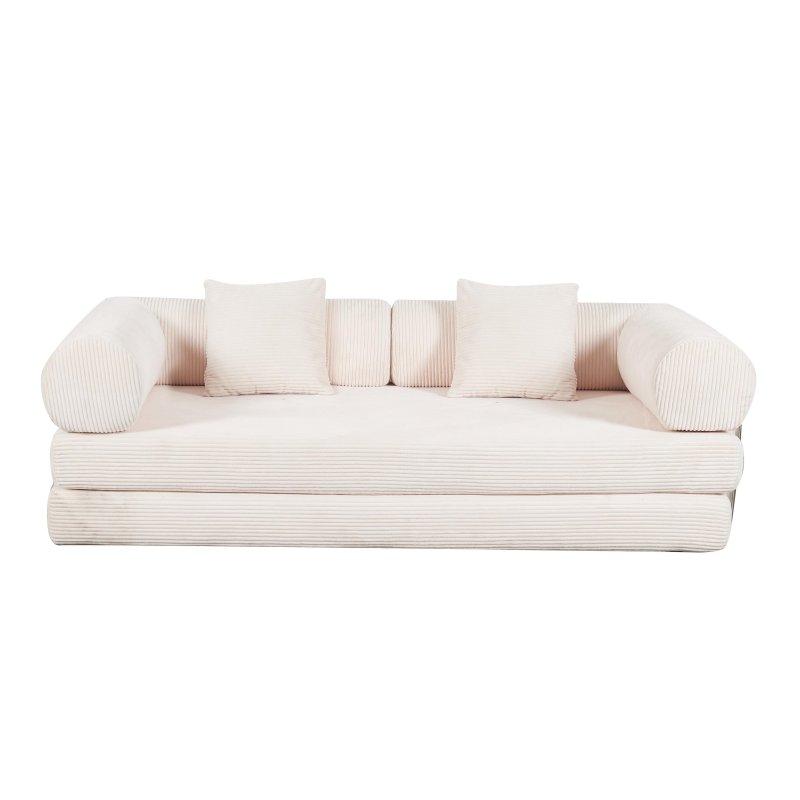 Krem Kumaş Yataklı Kıvrık Kollu Bohem Koltuk - 200 cm - 280789