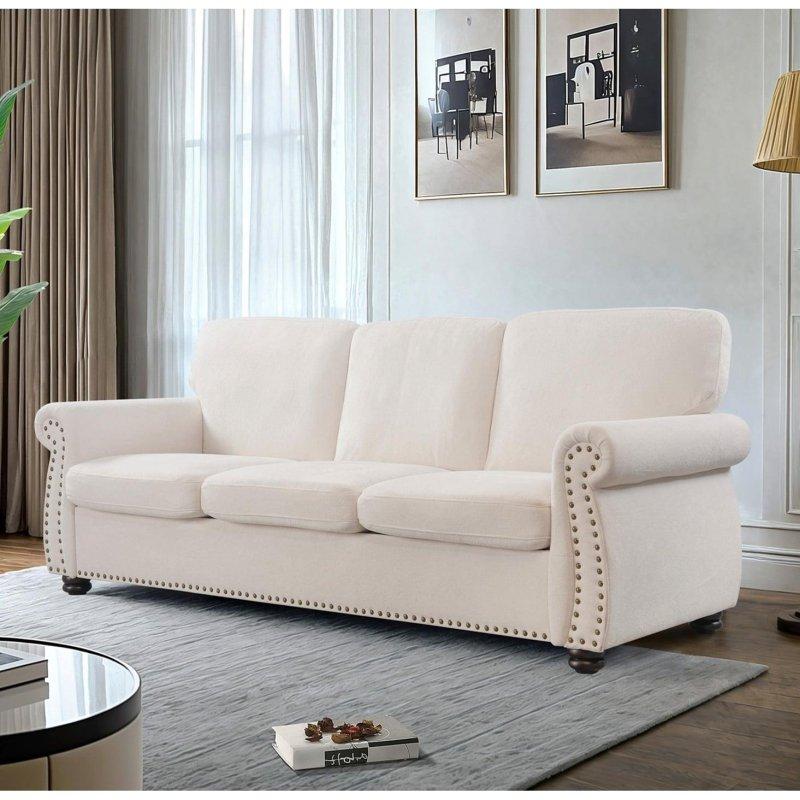 Krem Masif Ahşap Ayaklı 3 Kişilik Yastık Sırtlı Kadife Bohem Koltuk - 230 cm - 292500