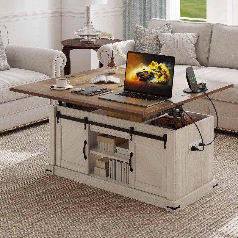 Krem MDF Asansörlü Şarj İstasyonlu Sürgülü Kapaklı Akıllı Sehpa - 101x51 cm - 254750