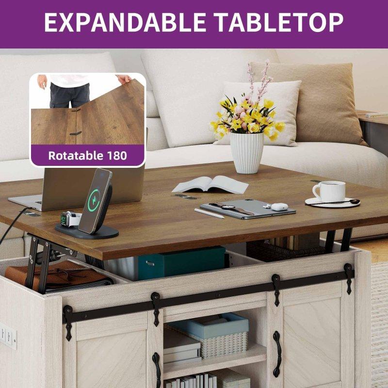 Krem MDF Asansörlü Şarj İstasyonlu Sürgülü Kapaklı Akıllı Sehpa - 101x51 cm - 254750