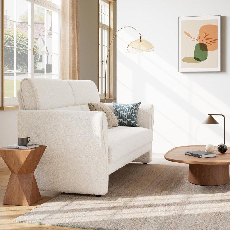 Krem MDF Bukle Kumaş Yuvarlak Kolçaklı Bohem Koltuk - 145 cm - 282350