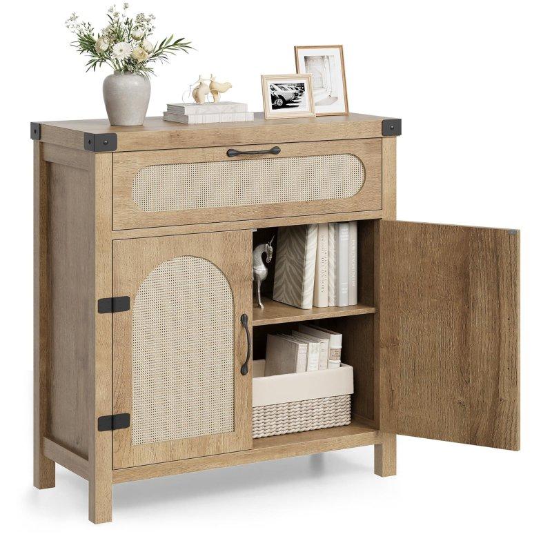 Krem MDF Rattan Kapaklı ve Çekmeceli Kır Evi Bohem Konsol - 76x85x36 cm - 325449