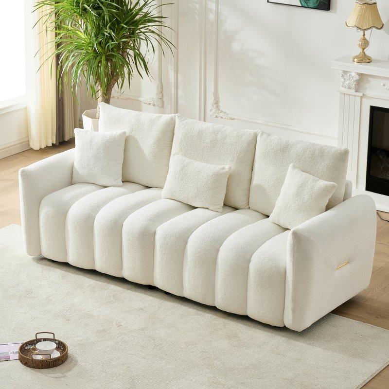 Krem MDF Teddy Kumaş Yastık Sırtlı 3 Kişilik Bohem Koltuk - 199x79x92 cm - 293312