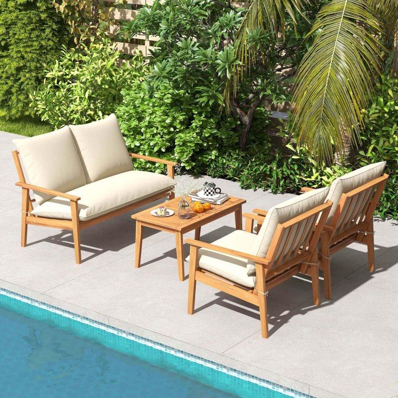 Krem Minderli Masif Akasya Ağacı 4 Parça Ergonomik Bahçe Takımı - 271085
