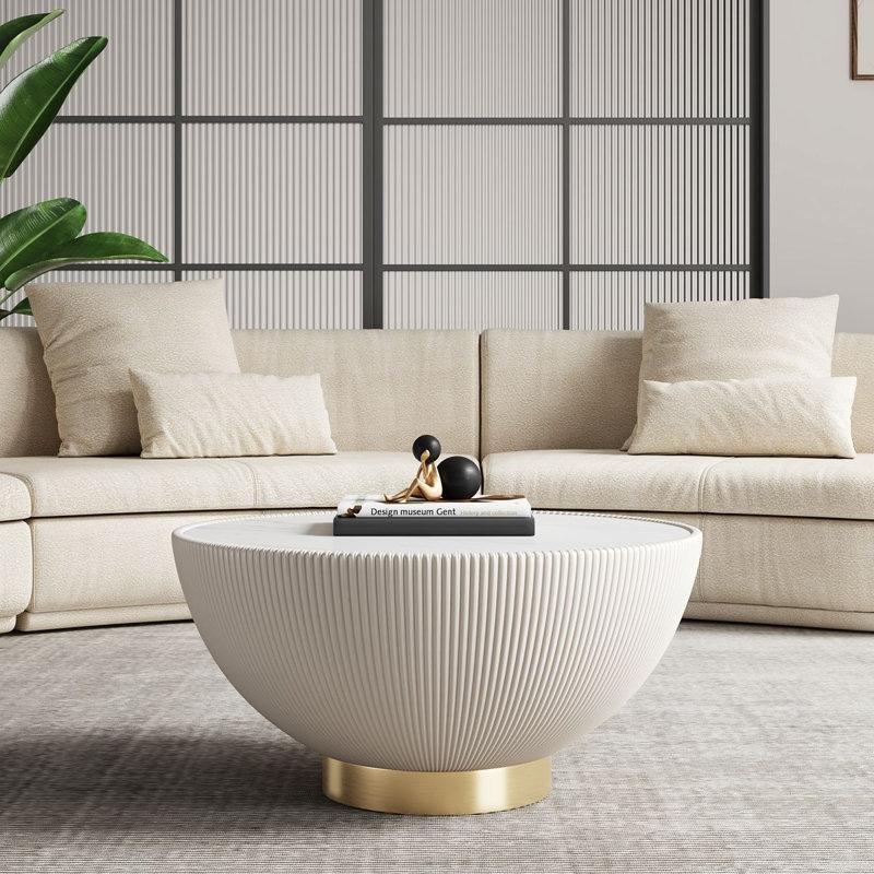 Krem Pileli Suni Deri ve Gold Çelik Kaideli Seramik Tablalı Yuvarlak Orta Sehpa - 72 cm - 244280
