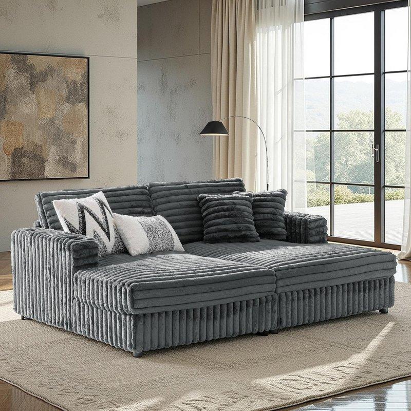 Krem Polyester Şönil Geniş Kanallı Dikişli Şezlong Tipi Bohem Koltuk - 220x154 cm - 282079
