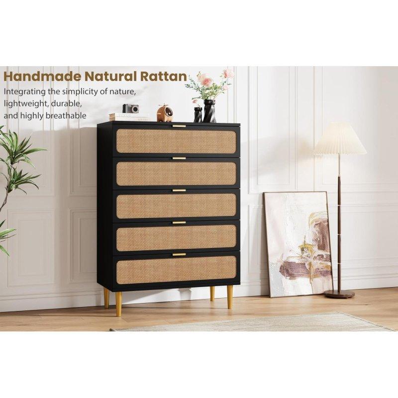 Krem Rattan ve Meşe MDF 5 Çekmeceli Metal Ayaklı Şifonyer - 309326