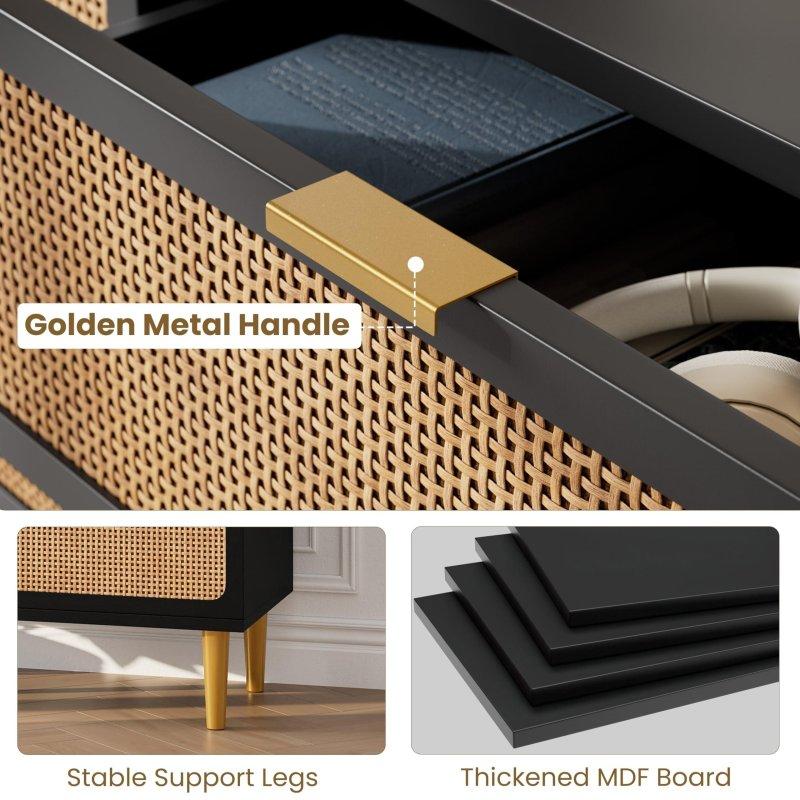 Krem Rattan ve Meşe MDF 5 Çekmeceli Metal Ayaklı Şifonyer - 309326