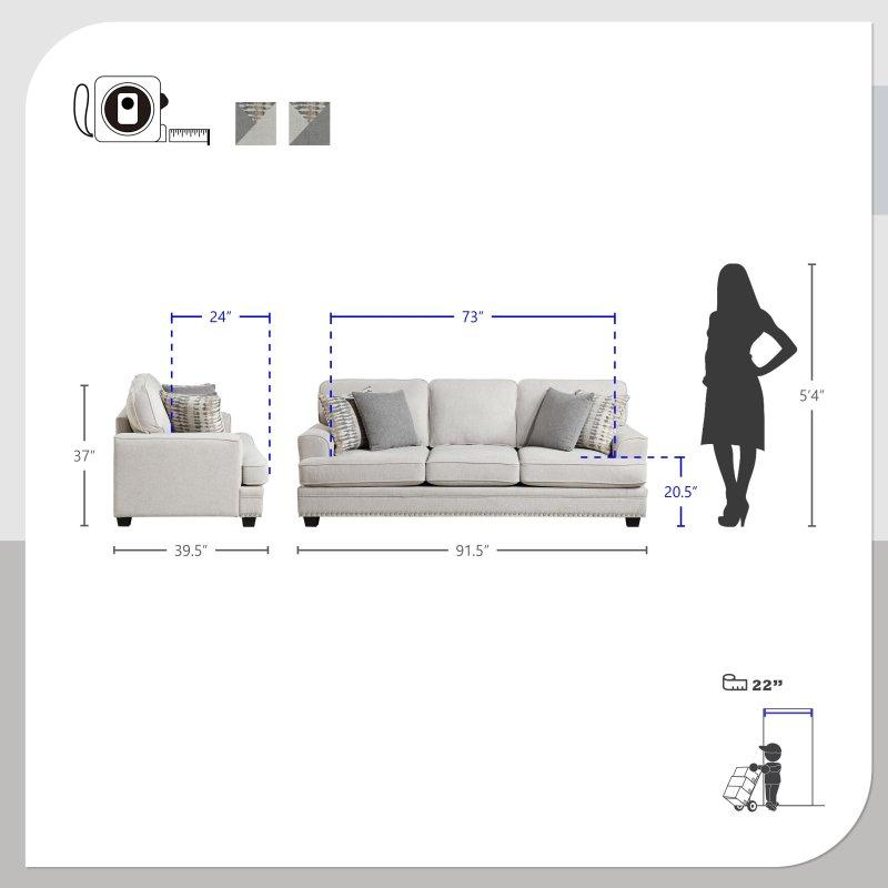 Krem Rengi Şönil Kumaş Zımba Detaylı 3 Kişilik Bohem Koltuk - 233 cm - 288007