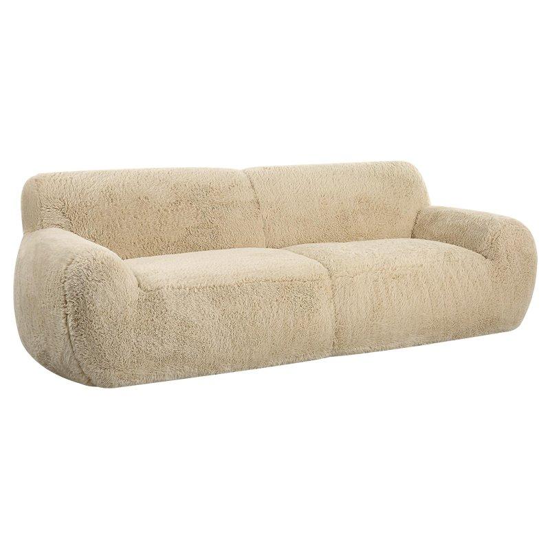 Krem Suni Kuzu Yünü Meşe Yuvarlak Hatlı Bohem Koltuk - 244 cm - 284932