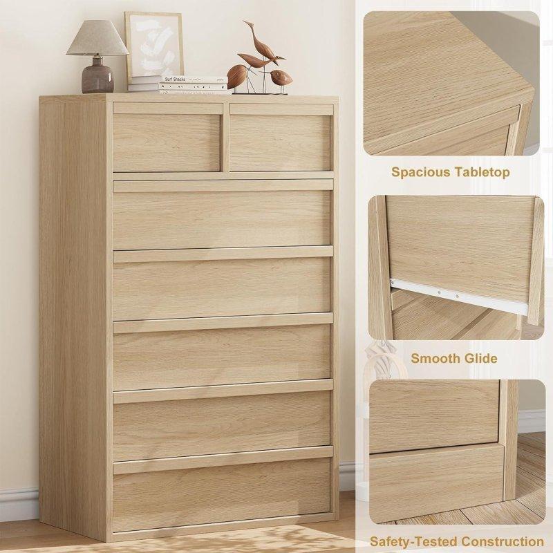 Krem ve Doğal Ahşap Rengi 7 Çekmeceli Modern MDF Şifonyer - 300855