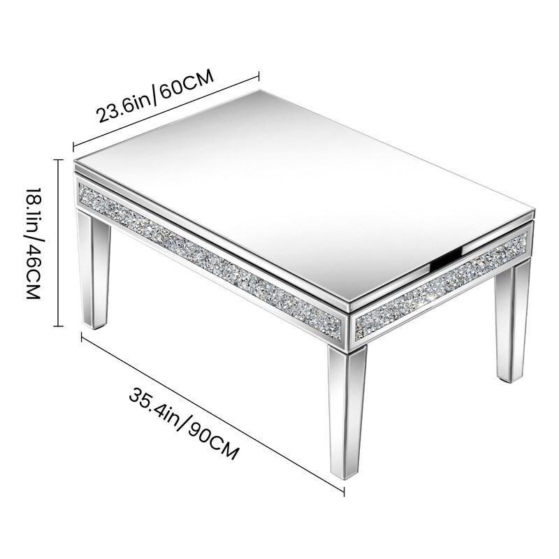 Kristal Detaylı Aynalı Asansörlü Gizli Bölmeli Akıllı Sehpa - 90x60x46 cm - 253781