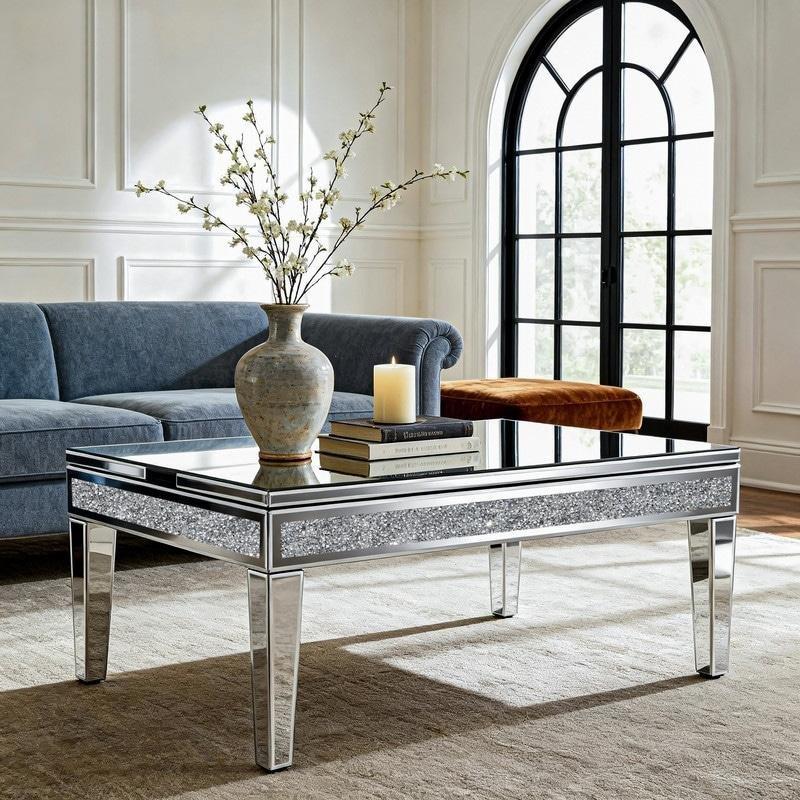 Kristal Detaylı Aynalı Asansörlü Gizli Bölmeli Akıllı Sehpa - 90x60x46 cm - 253781