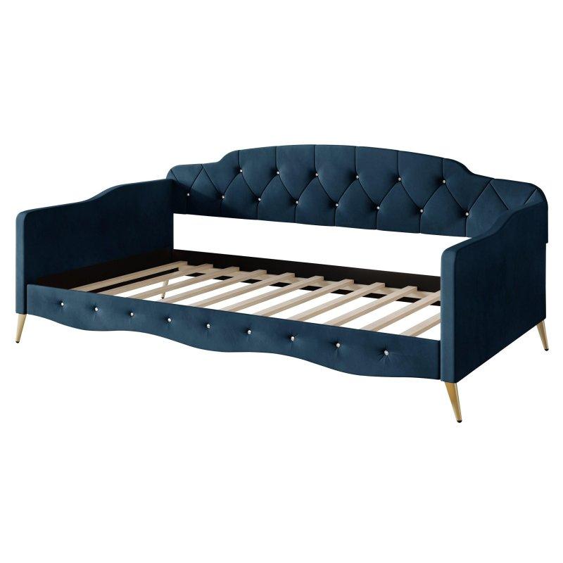 Kristal Düğme Kapitoneli Kadife Döşemeli Ahşap Daybed Karyola - 207x109 cm - 330488