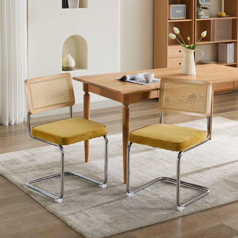 Krom Ayaklı Kadife Döşemeli Konsol 2li Set Rattan Sandalye - 252882