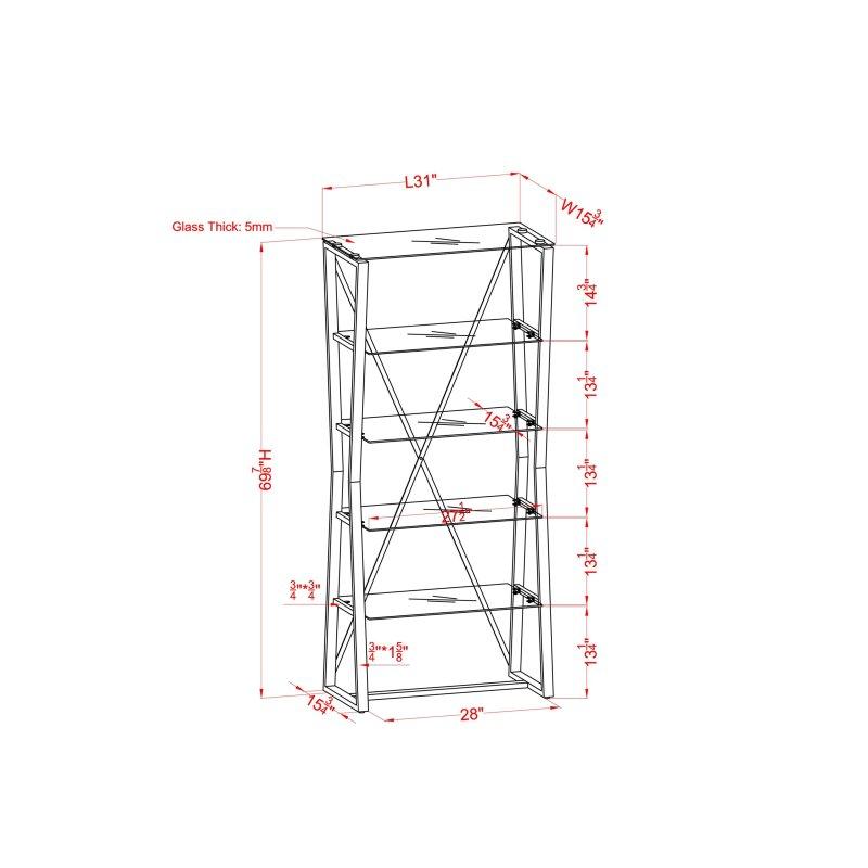 Krom Çelik Kum Saati Tasarımlı 5 Cam Raflı Kitaplık - 178x81 cm - 313554