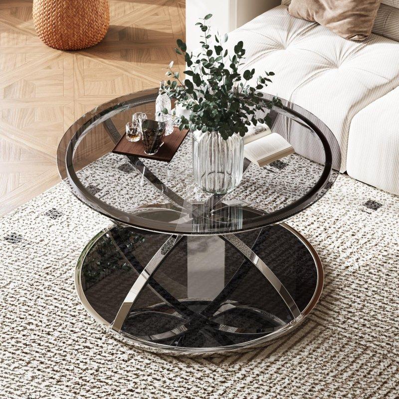 Krom ve Gri Cam İki Katlı Yuvarlak Orta Sehpa - 81 cm - 242724