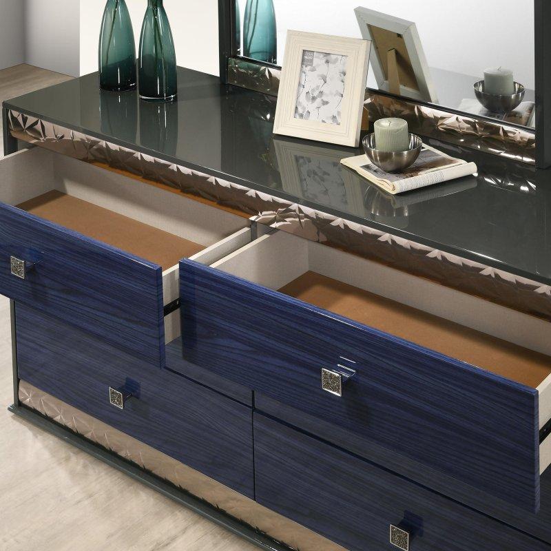 Kül Grisi ve İndigo Mavisi Masif Ahşap Aynalı 6 Çekmeceli Krom Detaylı Şifonyer - 155 cm - 309993