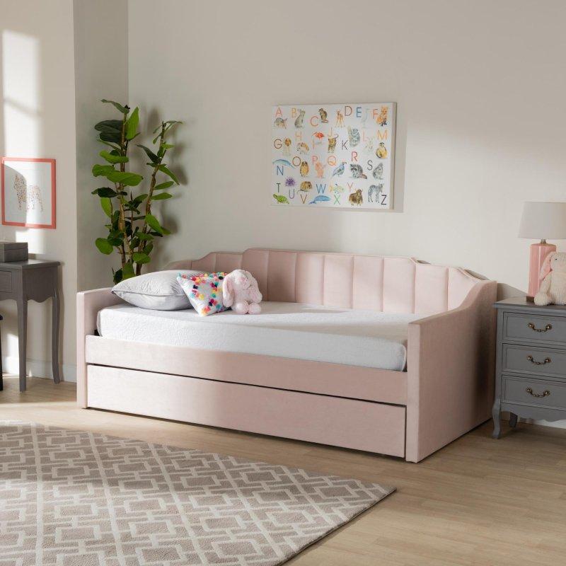 Lacivert Kadife Kumaş MDF Yavru Yataklı Kanal Dikişli Daybed Karyola - 208x107 cm - 330340