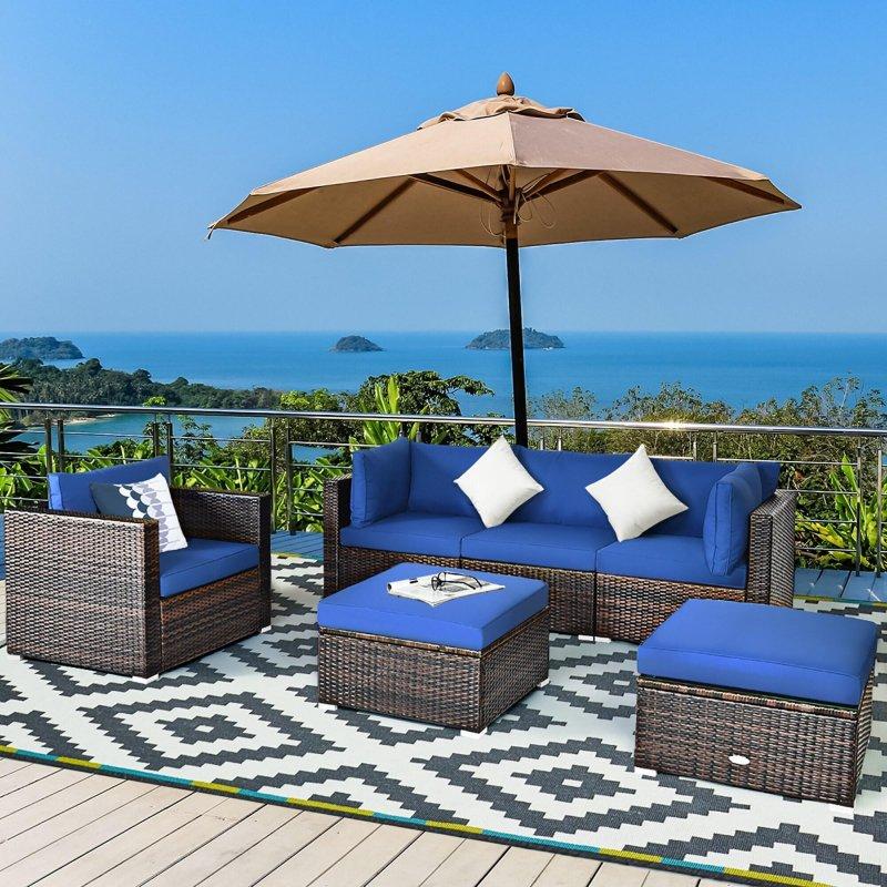 Lacivert Kahverengi Rattan Metal Modüler 6 Parça Bahçe Takımı - 273727