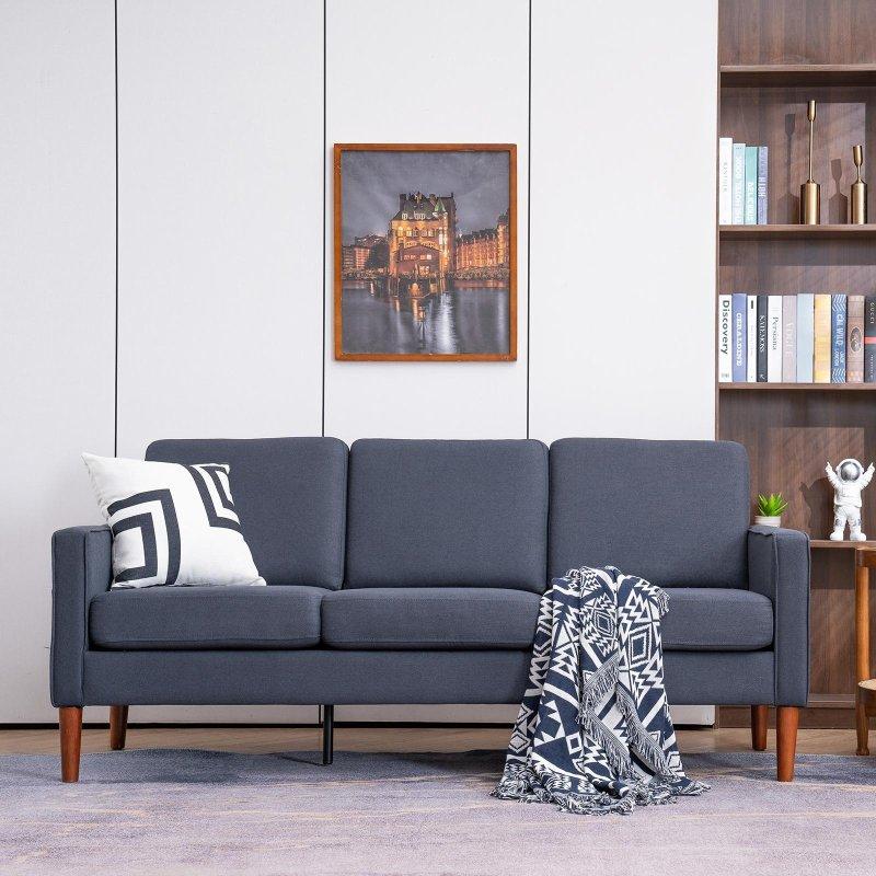 Lacivert Keten Kumaş Masif Ahşap Ayaklı 3 Kişilik Saklama Alanlı Bohem Koltuk - 183x77 cm - 291997