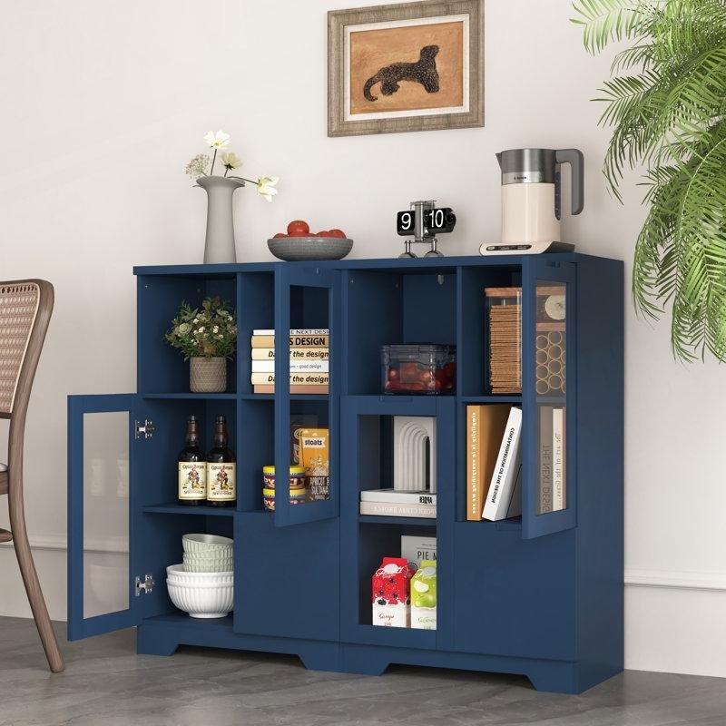 Lacivert MDF ve Masif Ahşap Çekmeceli Kulpsuz Tasarım Cam Kapaklı Kitaplık - 101x66x30 cm - 238388