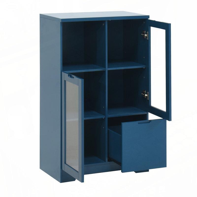 Lacivert MDF ve Masif Ahşap Çekmeceli Kulpsuz Tasarım Cam Kapaklı Kitaplık - 101x66x30 cm - 238388