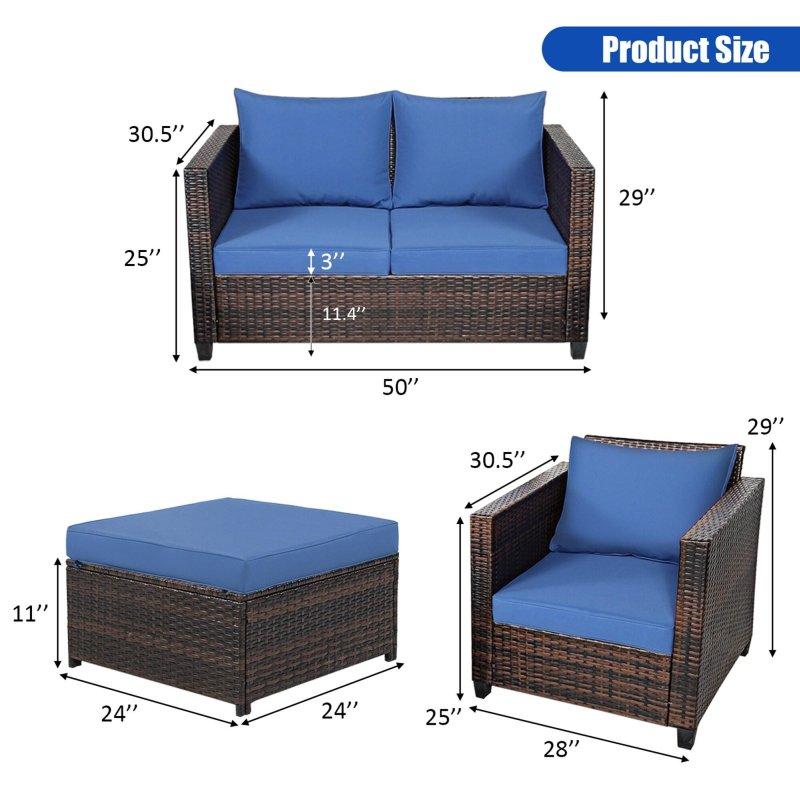 Lacivert Minderli Kahverengi Rattan Çelik 5 Parçalı Bahçe Takımı - 127x78 cm - 275009