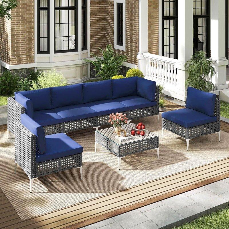 Lacivert Minderli Karışık Gri Rattan 7 Parça Modüler Bahçe Takımı - 272331