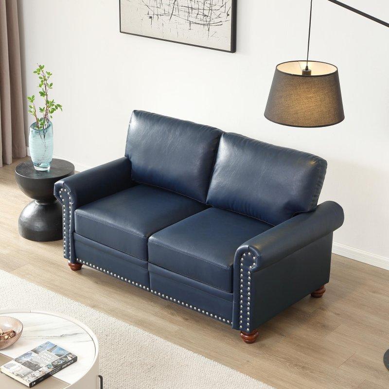 Lacivert Suni Deri Gümüş Zımba Detaylı Yuvarlak Kollu Depolamalı Bohem Koltuk - 152 cm - 284861