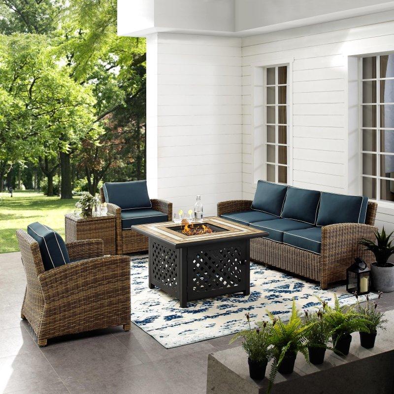 Lacivert ve Kahverengi Rattan Ateş Çukurlu Minderli 5 Parça Bahçe Takımı - 275800