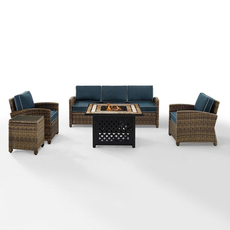 Lacivert ve Kahverengi Rattan Ateş Çukurlu Minderli 5 Parça Bahçe Takımı - 275800