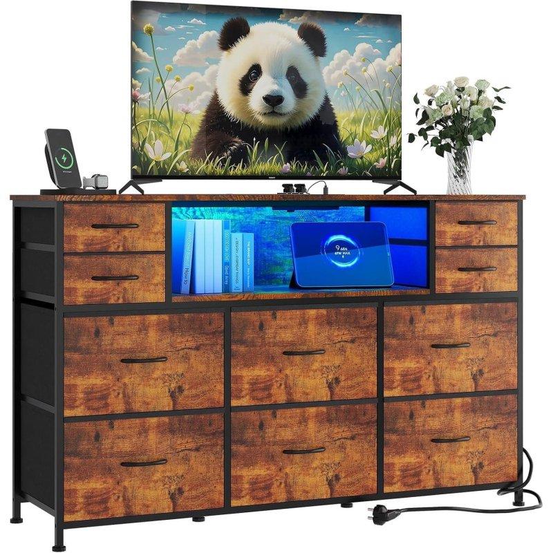 LED Aydınlatmalı ve Şarj İstasyonlu 10 Kumaş Çekmeceli MDF Şifonyer TV Sehpası - 301415