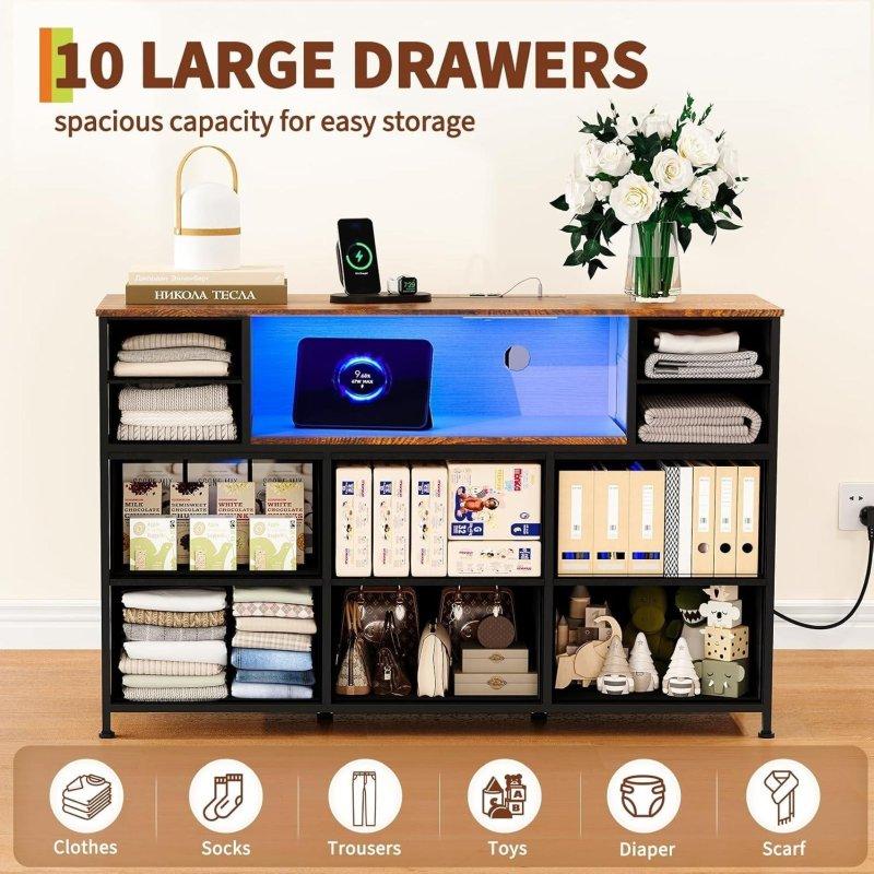 LED Aydınlatmalı ve Şarj İstasyonlu 10 Kumaş Çekmeceli MDF Şifonyer TV Sehpası - 301415