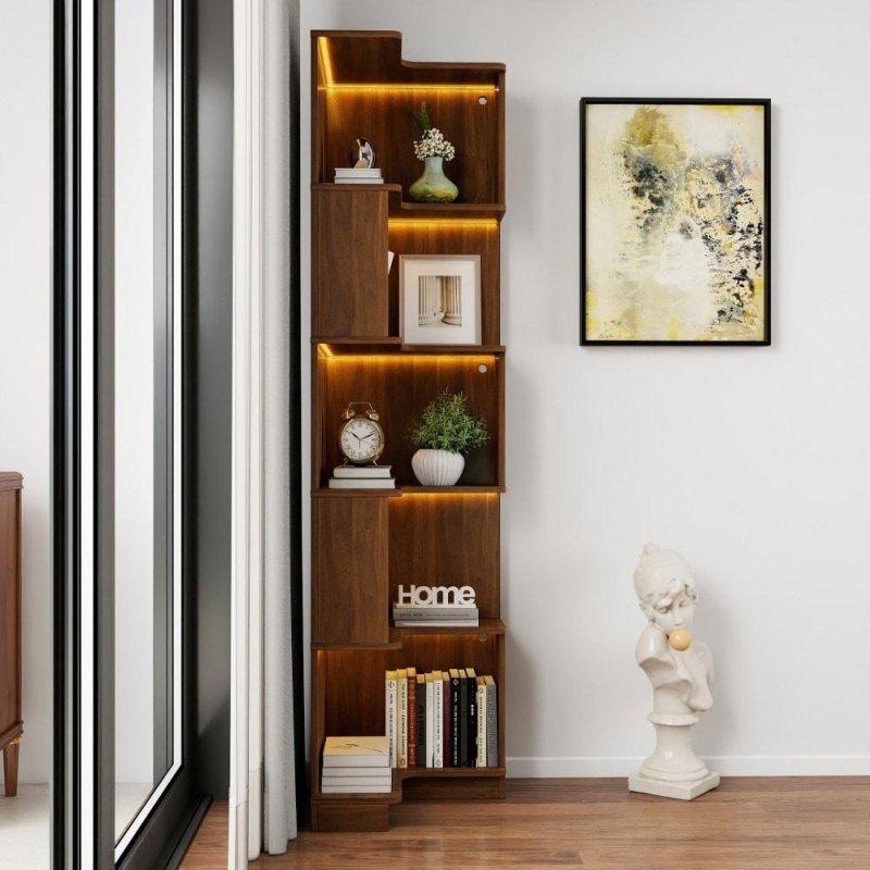LED Işıklı 5 Raflı Köşe Tasarım Suntalam Kitaplık - 176 cm - 319227