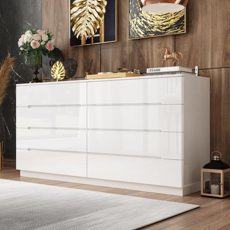LED Işıklı Parlak Yüzeyli 8 Çekmeceli MDF Yatay Şifonyer - 301115