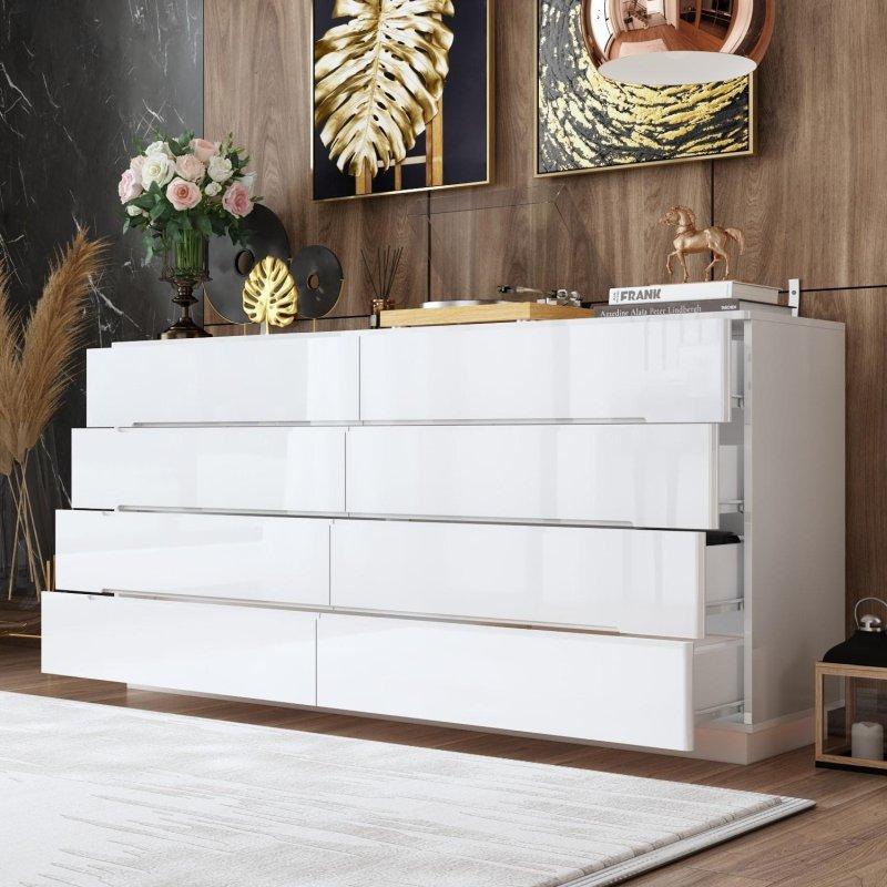 LED Işıklı Parlak Yüzeyli 8 Çekmeceli MDF Yatay Şifonyer - 301115