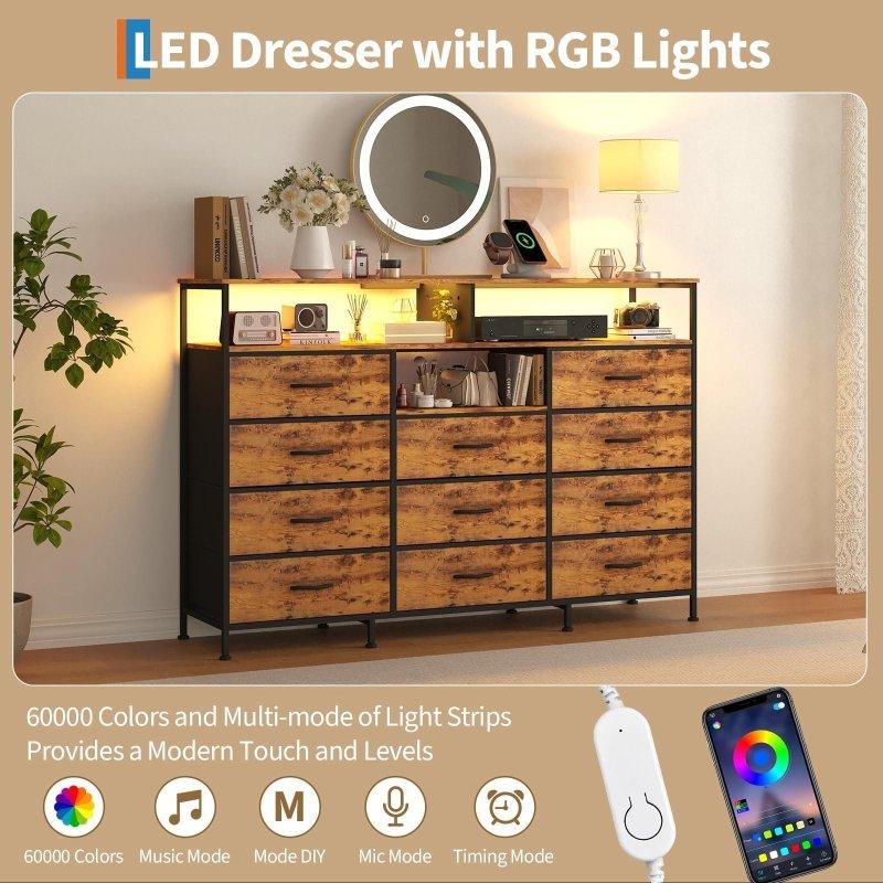 LED Işıklı Prizli 11 Kumaş Çekmeceli Açık Raflı Ahşap ve Metal Şifonyer - 141 cm - 305821