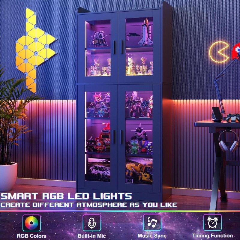 LED Işıklı Temperli Cam Kapaklı Ayarlanabilir Raflı MDF Kitaplık - 172x71x36 cm - 312653
