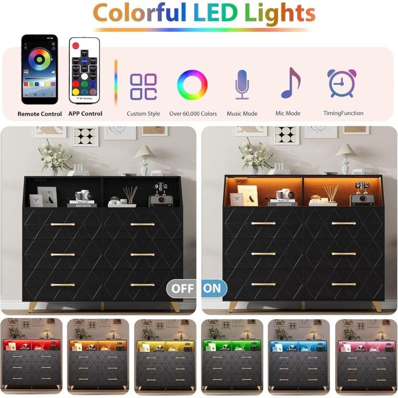 LED Işıklı ve Şarj İstasyonlu 6 Çekmeceli Metal Ayaklı Ahşap Şifonyer - 120 cm - 303083