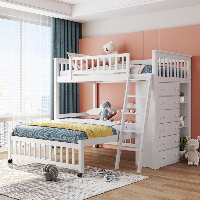 Masif Ahşap 6 Çekmeceli Raflı ve Tekerlekli Alt Yataklı Merdivenli Ranza - 249339