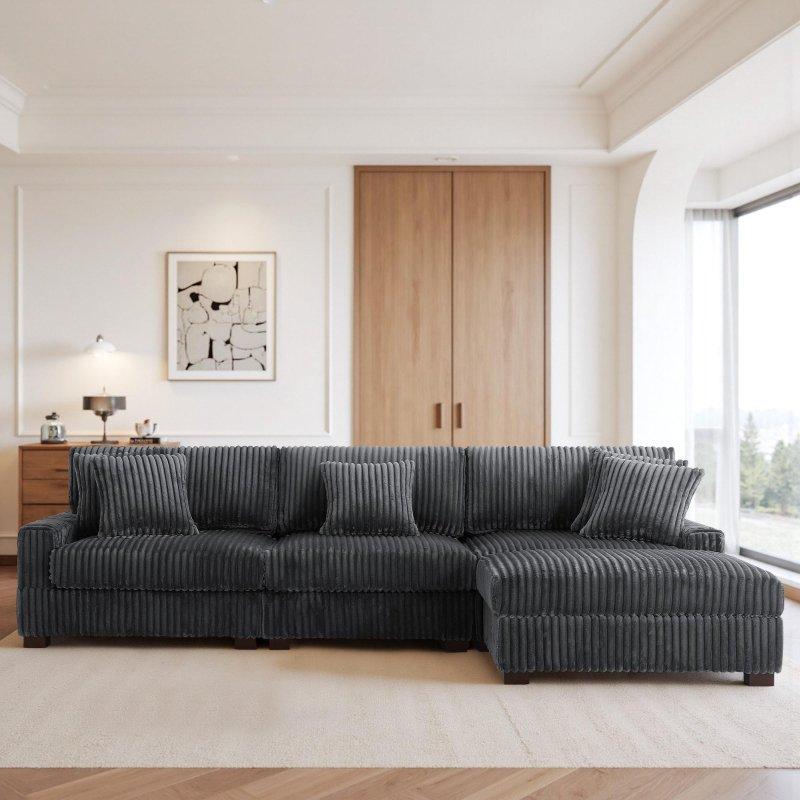 Masif Ahşap Ayaklı Fitilli Kadife Kumaş Modüler Puflu Ayarlanabilir Başlıklı Köşe Koltuk - 301x178 cm - 255038