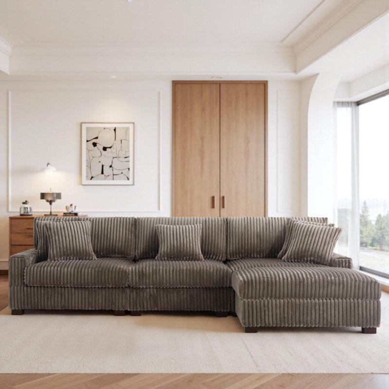 Masif Ahşap Ayaklı Fitilli Kadife Kumaş Modüler Puflu Ayarlanabilir Başlıklı Köşe Koltuk - 301x178 cm - 255038